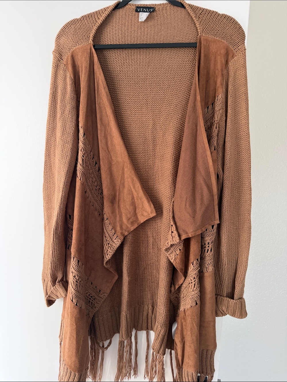 VENUS Women's Rust Open-Front Knit Cardigan with Fringe